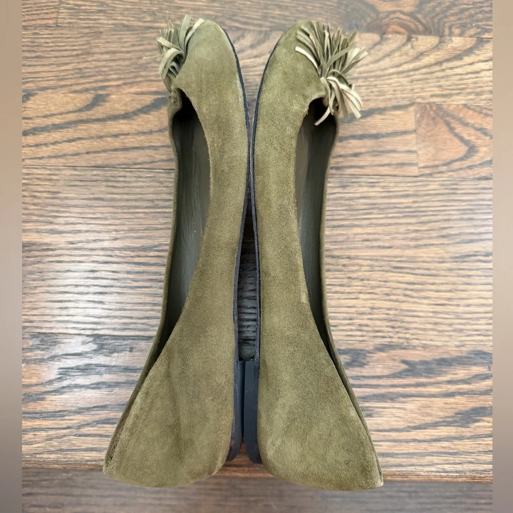 Loeffler Randall Olive Suede Fringe Tassel Ballet Flats Size 8.5 B